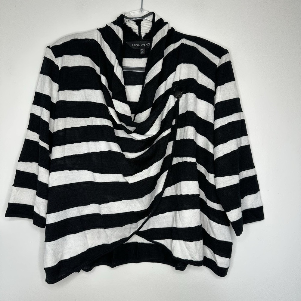 Ming Wang Knit Striped Cardigan Size PL Black White Drape Front